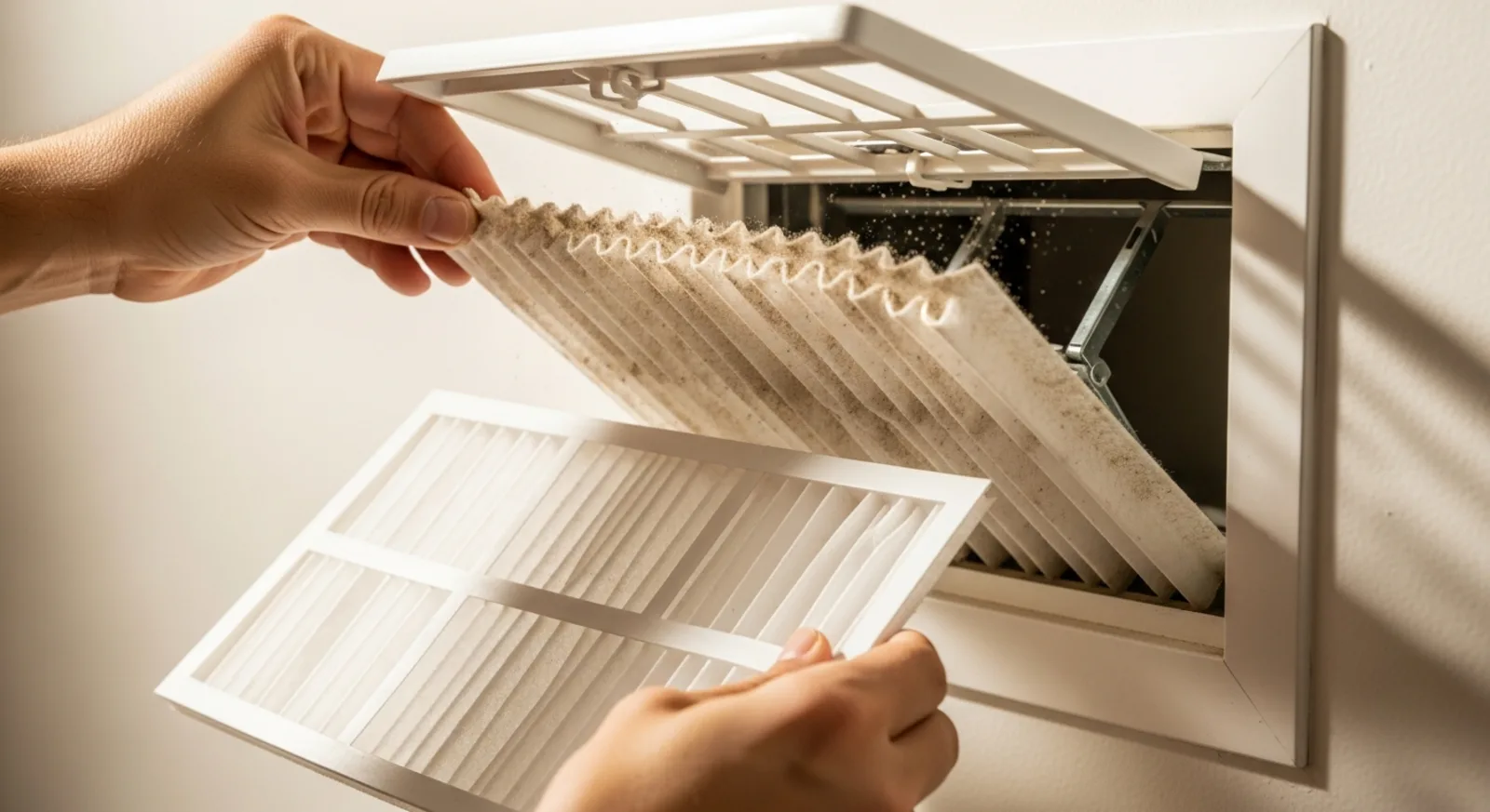 Hands replacing a dusty pleated air filter at a return air vent inside an Arizona home