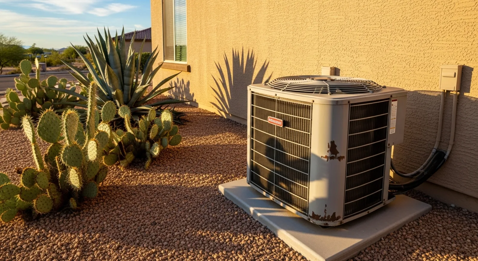 Aging outdoor AC condenser unit beside a stucco Arizona home with desert landscaping in warm afternoon light