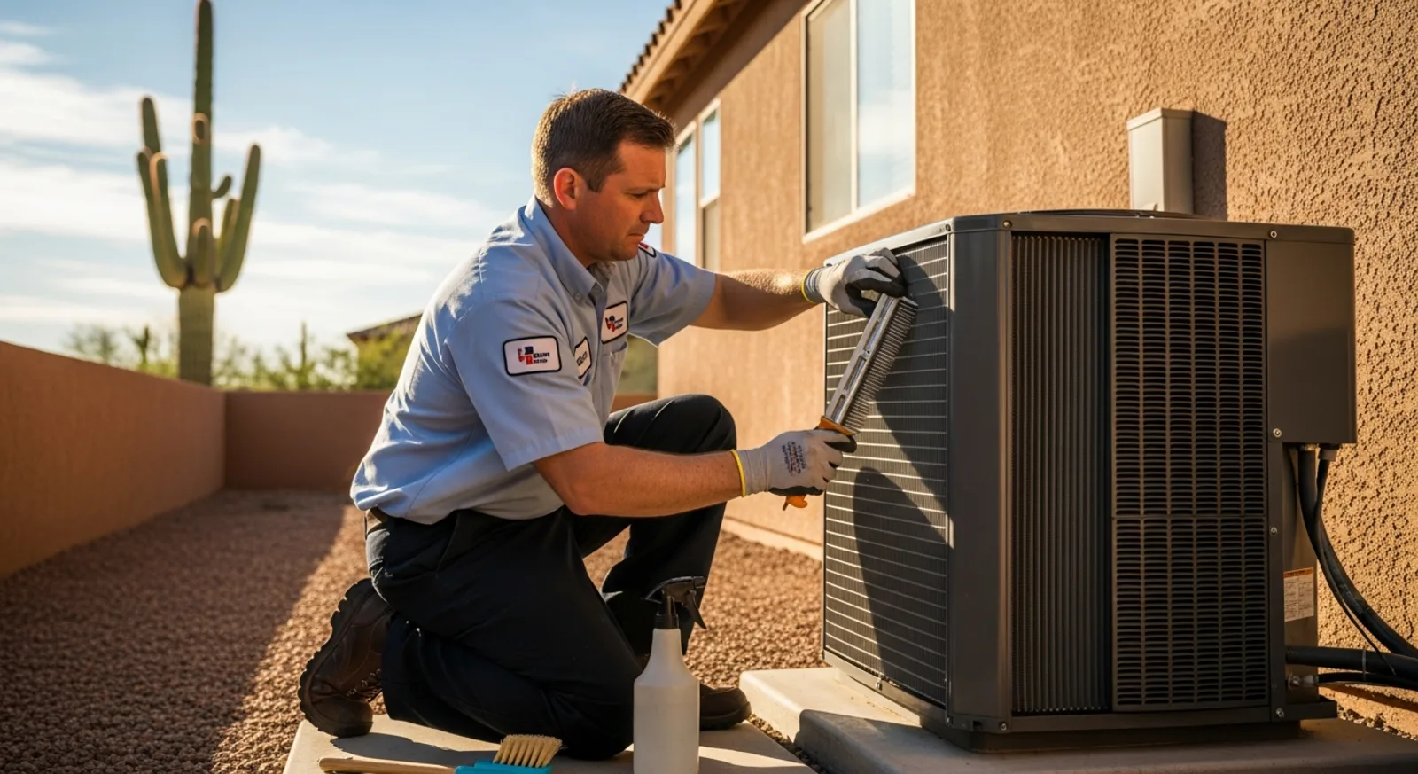 HVAC technician cleaning the coils of an outdoor AC unit during a maintenance tune-up at an Arizona home