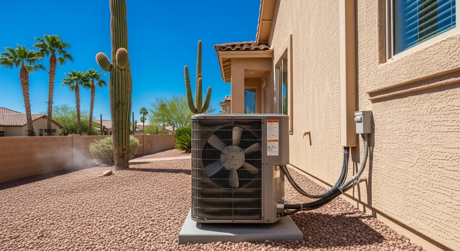 Outdoor AC condenser unit running beside a stucco home in the Arizona desert heat