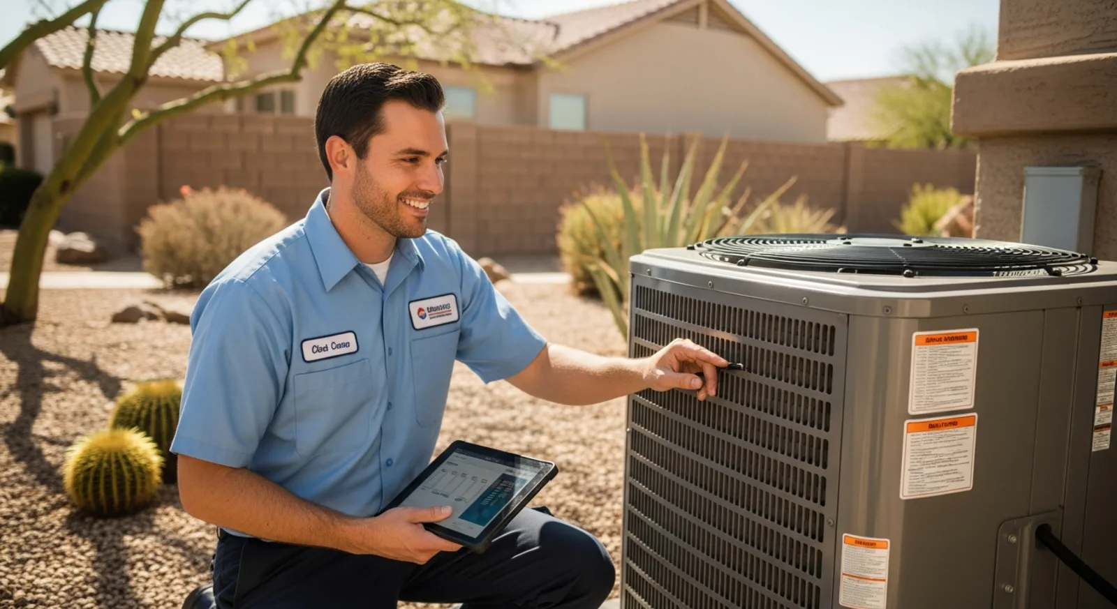 HVAC technician with a tablet diagnosing an outdoor AC unit at a Mesa, Arizona home