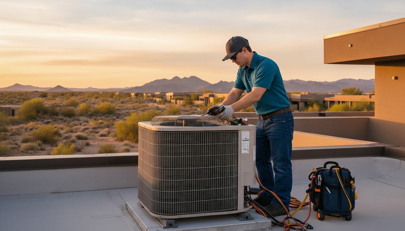 HVAC technicians servicing AC unit in Arizona