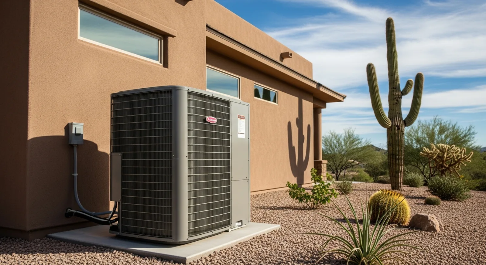 New high-efficiency outdoor AC unit installed beside a Mesa, Arizona home