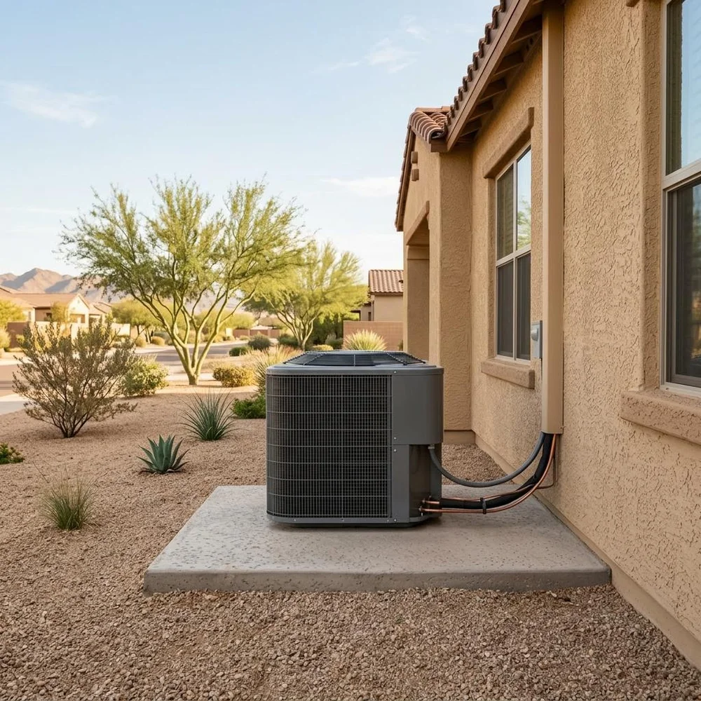 Outdoor heat pump beside an Arizona stucco home in warm autumn light