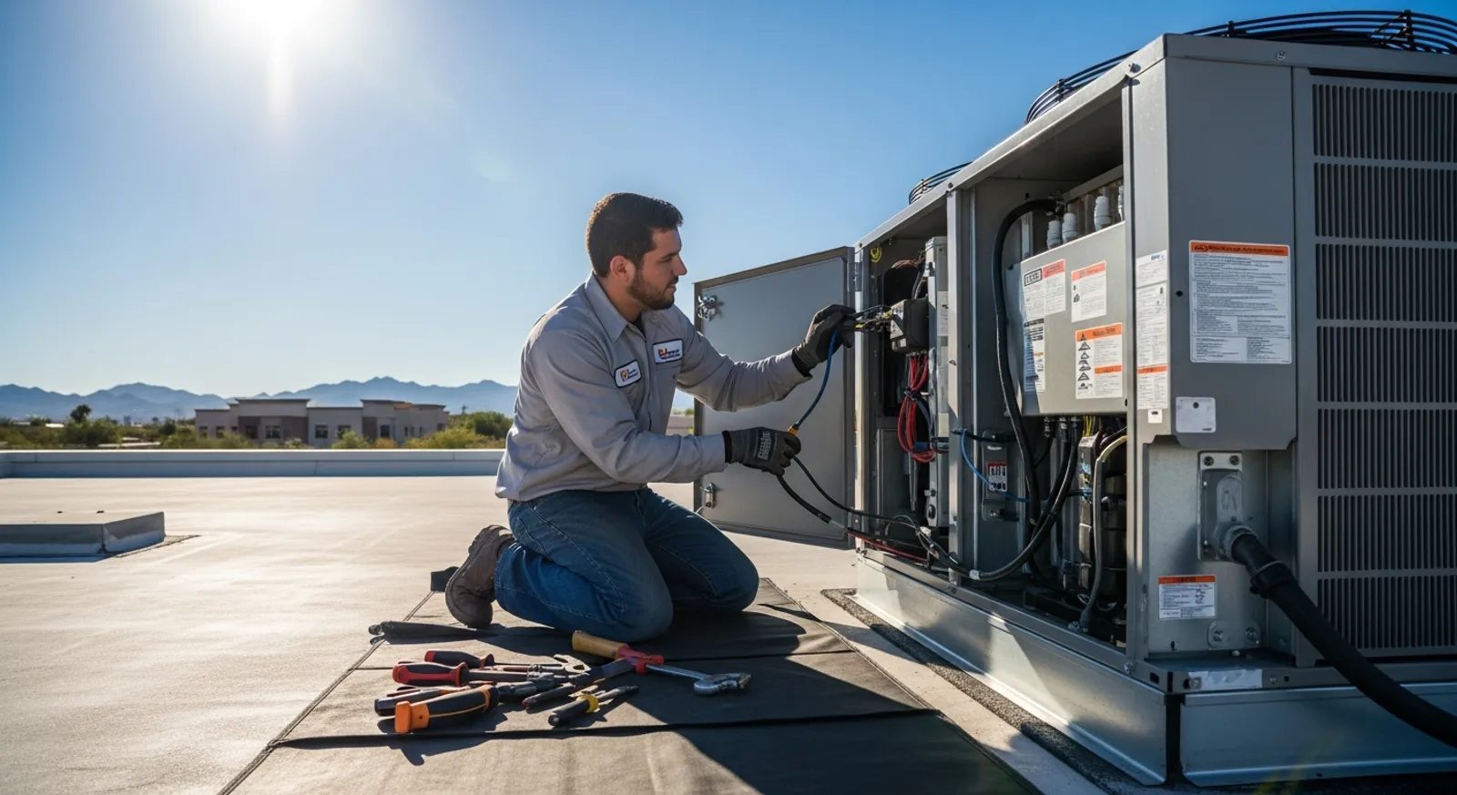 HVAC technician inspecting an outdoor AC unit in Mesa, Arizona
