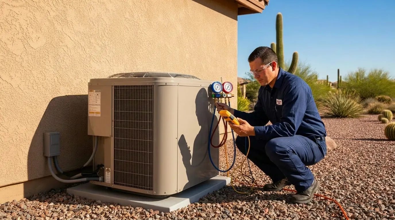 Technician maintaining residential air conditioning equipment