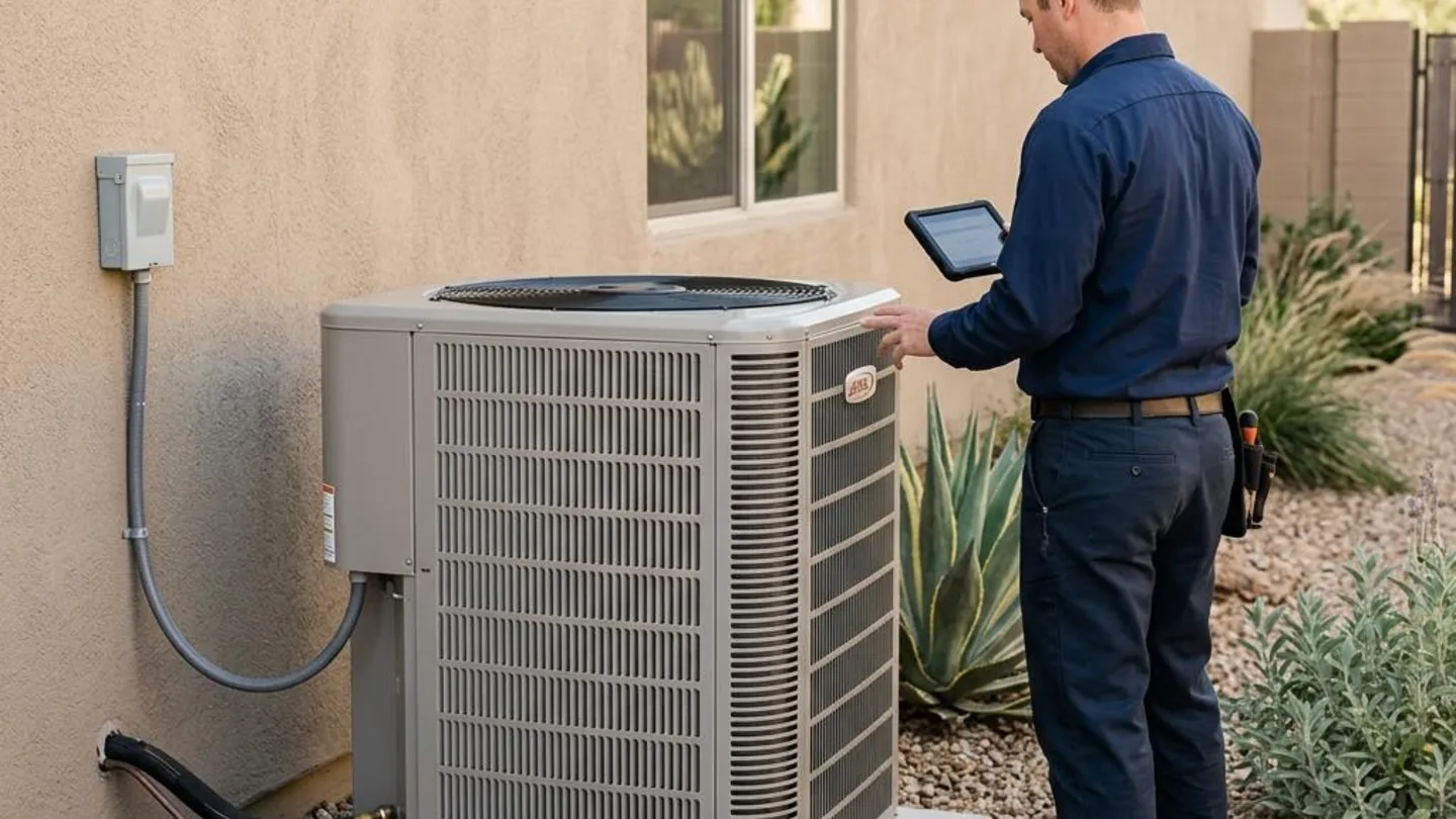 Technician inspecting an outdoor air conditioner beside an Arizona home